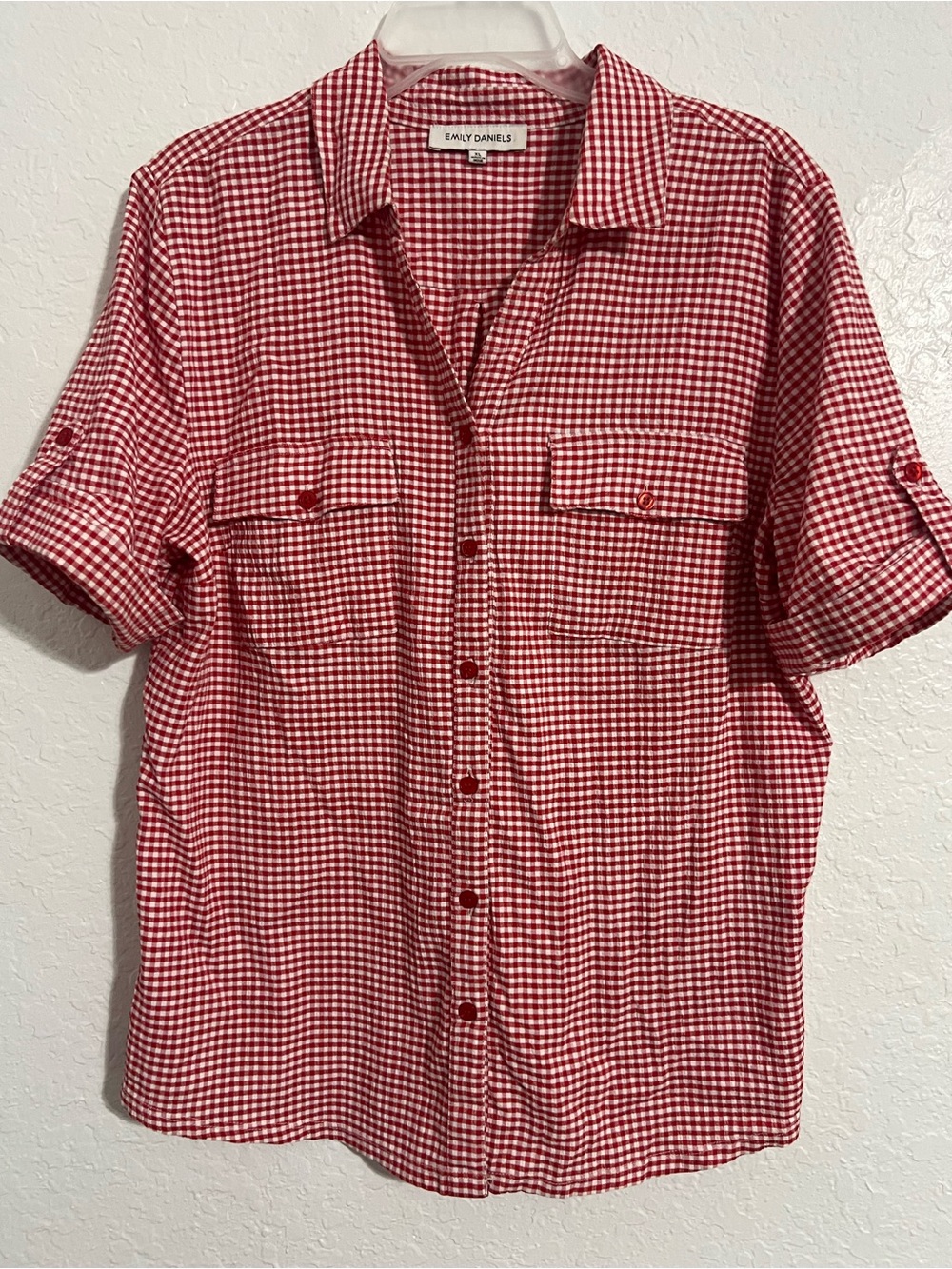 Emily Daniels Women’s Gingham Button Up Shirt Red White Short Sleeve XL # 462